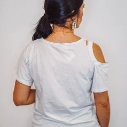 Purple Door Boutique Distressed Perfection White Open Shoulder Tee