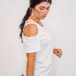 Purple Door Boutique Distressed Perfection White Open Shoulder Tee
