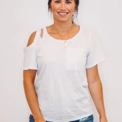 Purple Door Boutique Distressed Perfection White Open Shoulder Tee