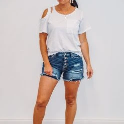 Purple Door Boutique Distressed Perfection White Open Shoulder Tee