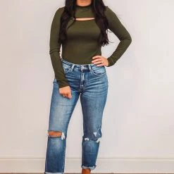 Purple Door Boutique Dark Olive Classic Ribbed Bodysuit