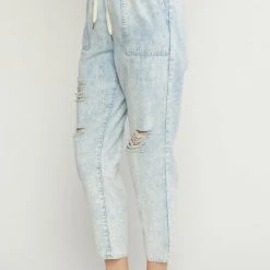 Purple Door Boutique Distressed Denim Light Blue Joggers New Arrivals