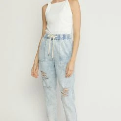 Purple Door Boutique Distressed Denim Light Blue Joggers New Arrivals