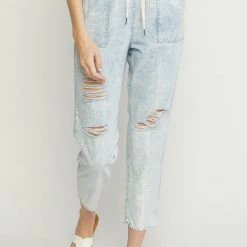 Purple Door Boutique Distressed Denim Light Blue Joggers New Arrivals