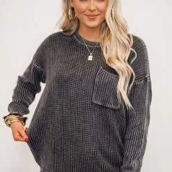 The Purple Door Boutique New Arrivals Mineral Washed Charcoal Distressed Sweater