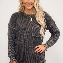 The Purple Door Boutique New Arrivals Mineral Washed Charcoal Distressed Sweater