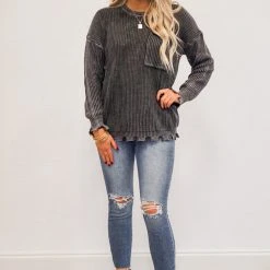 The Purple Door Boutique New Arrivals Mineral Washed Charcoal Distressed Sweater