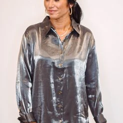 Purple Door Boutique Iridescent Satin Charcoal Top