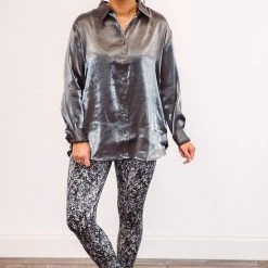 Purple Door Boutique Iridescent Satin Charcoal Top