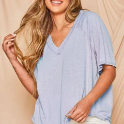 The Purple Door Boutique Comfort Zone Mineral Wash Dusty Blue Top