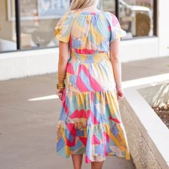 Purple Door Boutique New Arrivals Multicolor Golden Blue Midi Dress