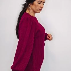 The Purple Door Boutique Mistletoe Kisses Magenta Knit Sweater Ladies'
