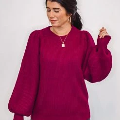 The Purple Door Boutique Mistletoe Kisses Magenta Knit Sweater Ladies'