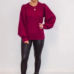 The Purple Door Boutique Mistletoe Kisses Magenta Knit Sweater Ladies'
