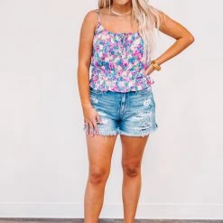 Purple Door Boutique $15 & $19 Tops Floral Cuteness Blue Cropped Cami Tank