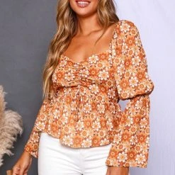 Purple Door Boutique Retro Floral Mustard Peplum Top New Arrivals