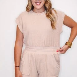 Purple Door Boutique French Terry Romper In Sand New Arrivals