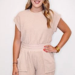 Purple Door Boutique French Terry Romper In Sand New Arrivals