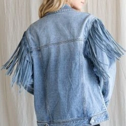 Purple Door Boutique Light Washed Fringe Denim Jacket