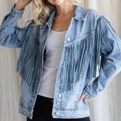 Purple Door Boutique Light Washed Fringe Denim Jacket