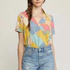 Purple Door Boutique Golden Blue Multicolor Print Bodysuit