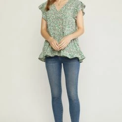 Purple Door Boutique Floral Favorite Green Babydoll Top Summer SALE