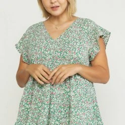 Purple Door Boutique Floral Favorite Green Babydoll Top Summer SALE