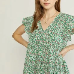 Purple Door Boutique Floral Favorite Green Babydoll Top Summer SALE