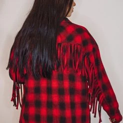 Purple Door Boutique Red Buffalo Plaid Fringe Jacket Ladies'