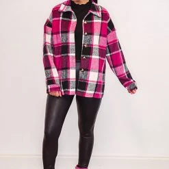 Purple Door Boutique Hot Pink And White Plaid Shacket Ladies'