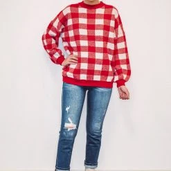 Purple Door Boutique Favorite Plaid Red Boxy Sweater New Arrivals