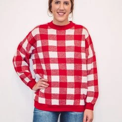 Purple Door Boutique Favorite Plaid Red Boxy Sweater New Arrivals