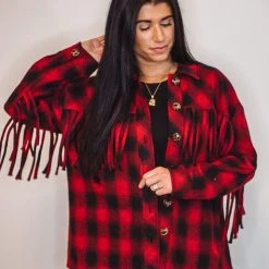 Purple Door Boutique Red Buffalo Plaid Fringe Jacket Ladies'