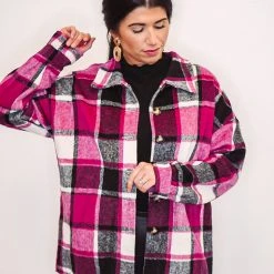 Purple Door Boutique Hot Pink And White Plaid Shacket Ladies'