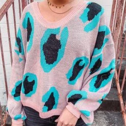 The Purple Door Boutique Ladies' Retro Babe Pink Oversized Animal Print Sweater