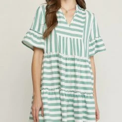 Purple Door Boutique Summer Stripes Green Babydoll Dress