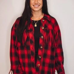 Purple Door Boutique Red Buffalo Plaid Fringe Jacket Ladies'