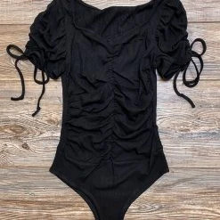 Purple Door Boutique Black Ruched Front Bodysuit Summer SALE