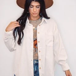 Purple Door Boutique Ladies' Ivory Corduroy Button Up Top