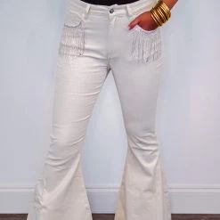Purple Door Boutique Rhinestone Fringe Ivory Flared Jeans Ladies'
