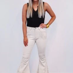 Purple Door Boutique Rhinestone Fringe Ivory Flared Jeans Ladies'