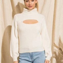 Purple Door Boutique Ivory Cut Out Ribbed Sweater