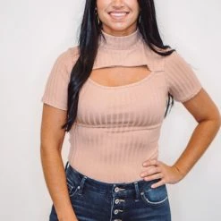 Purple Door Boutique Ladies' Wish Away Khaki Ribbed Cut Out Top