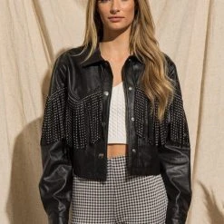 Purple Door Boutique Black Studded Fringe Leather Jacket
