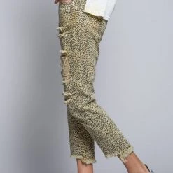 Purple Door Boutique Edgy Mustard Leopard Distressed Boyfriend Jeans Ladies'