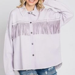 Purple Door Boutique Rhinestone Fringe Lilac Twill Jacket
