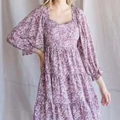 The Purple Door Boutique Chiffon Mauve Print Babydoll Dress Summer SALE