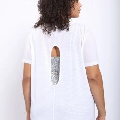 Mono B Athleisure Mono B Striped White Mesh Top