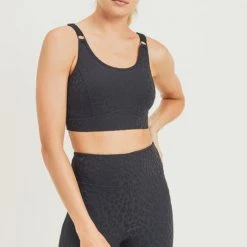 Mono B Athleisure Mono B Staying Sassy Black Textured Sports Bra Ladies'