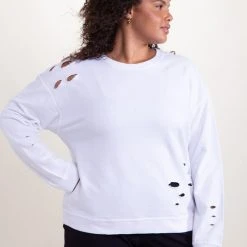 Purple Door Boutique Ladies' Mono B White Distressed Pullover Top